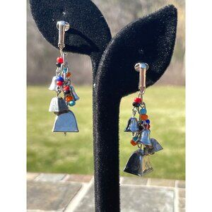 Vtg 1960's Silver Tone Bell Dangle Earrings With Multi Colored Beads 2 Mini Bell